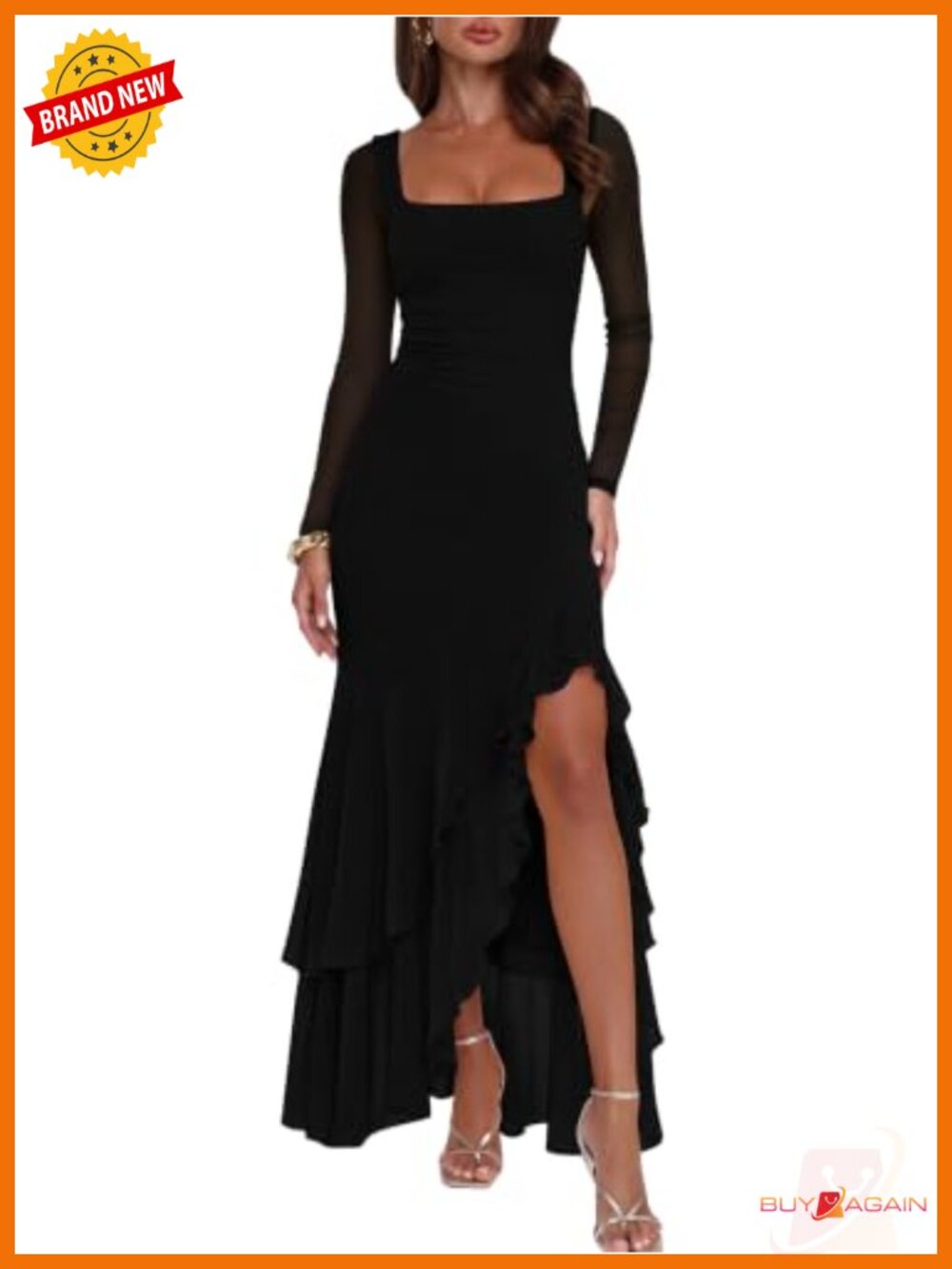 Women's Long Sleeve Ruffle Hem Split Mesh Maxi Dress Bodycon Fitted